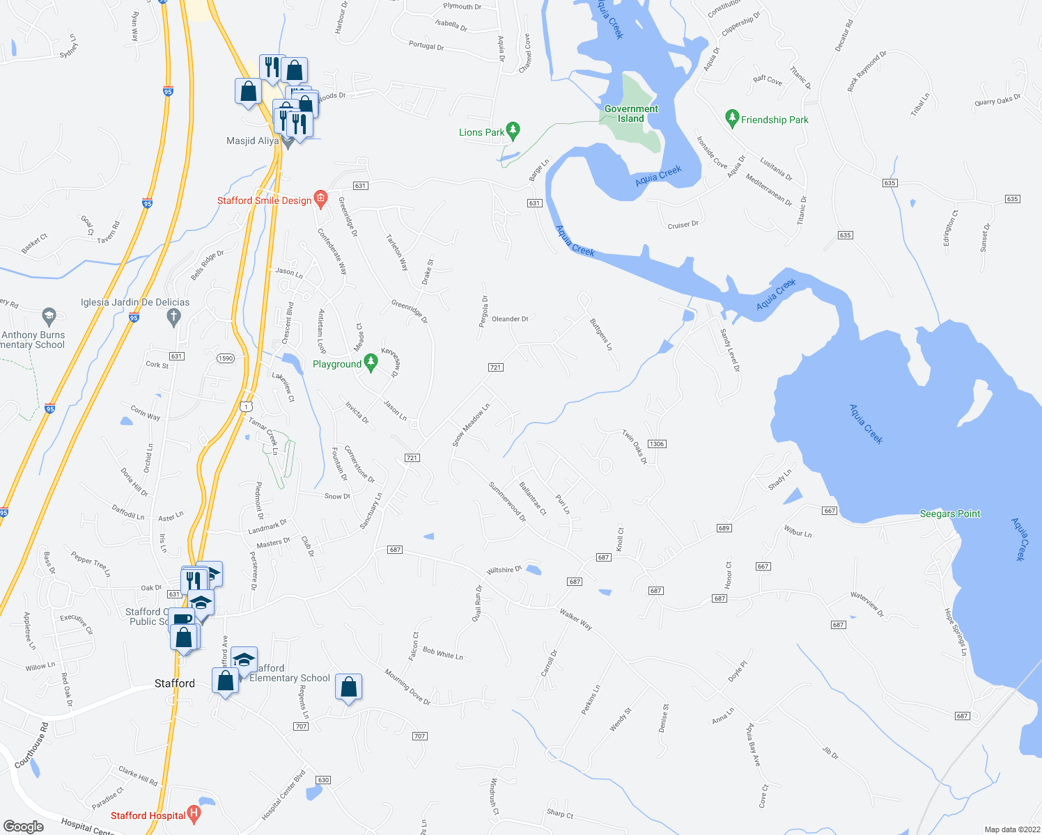 map of restaurants, bars, coffee shops, grocery stores, and more near 15 Maple Leaf Court in Stafford