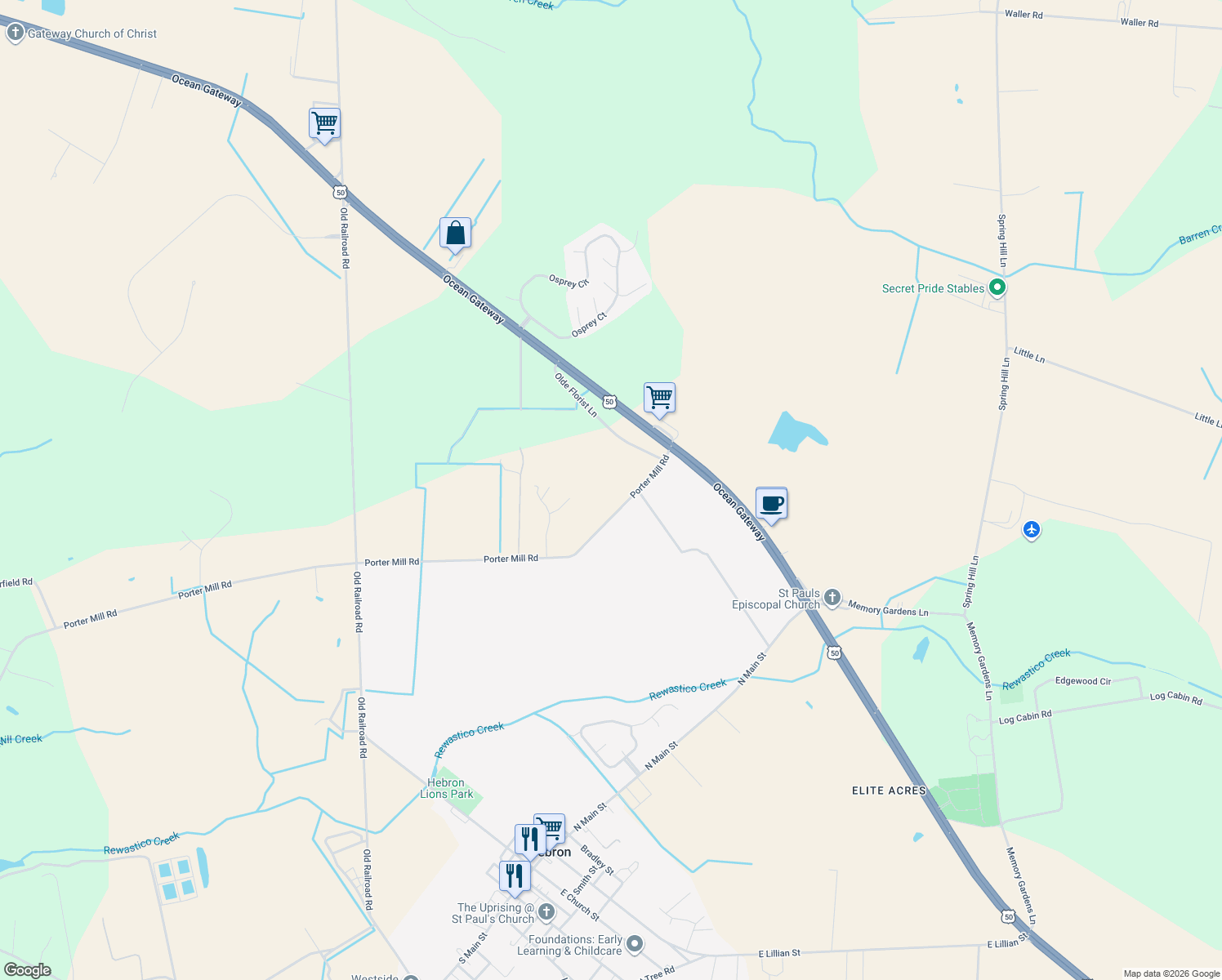 map of restaurants, bars, coffee shops, grocery stores, and more near 26782 Porter Mill Road in Hebron