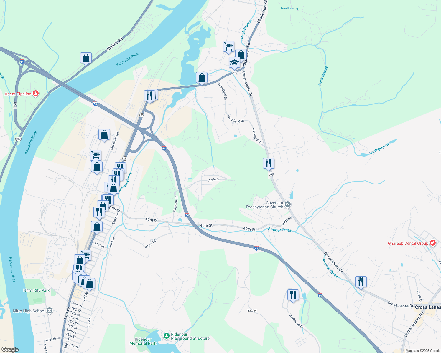 map of restaurants, bars, coffee shops, grocery stores, and more near Birch Lane in Nitro