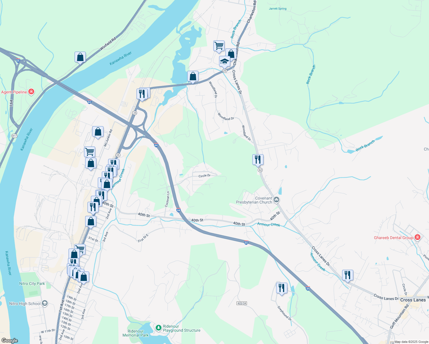 map of restaurants, bars, coffee shops, grocery stores, and more near Birch Lane in Nitro