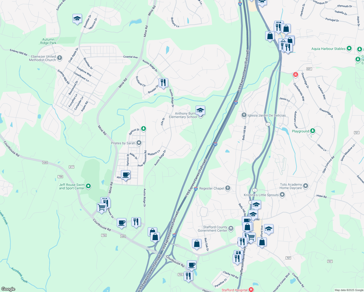map of restaurants, bars, coffee shops, grocery stores, and more near 44 Banner Spring Circle in Stafford