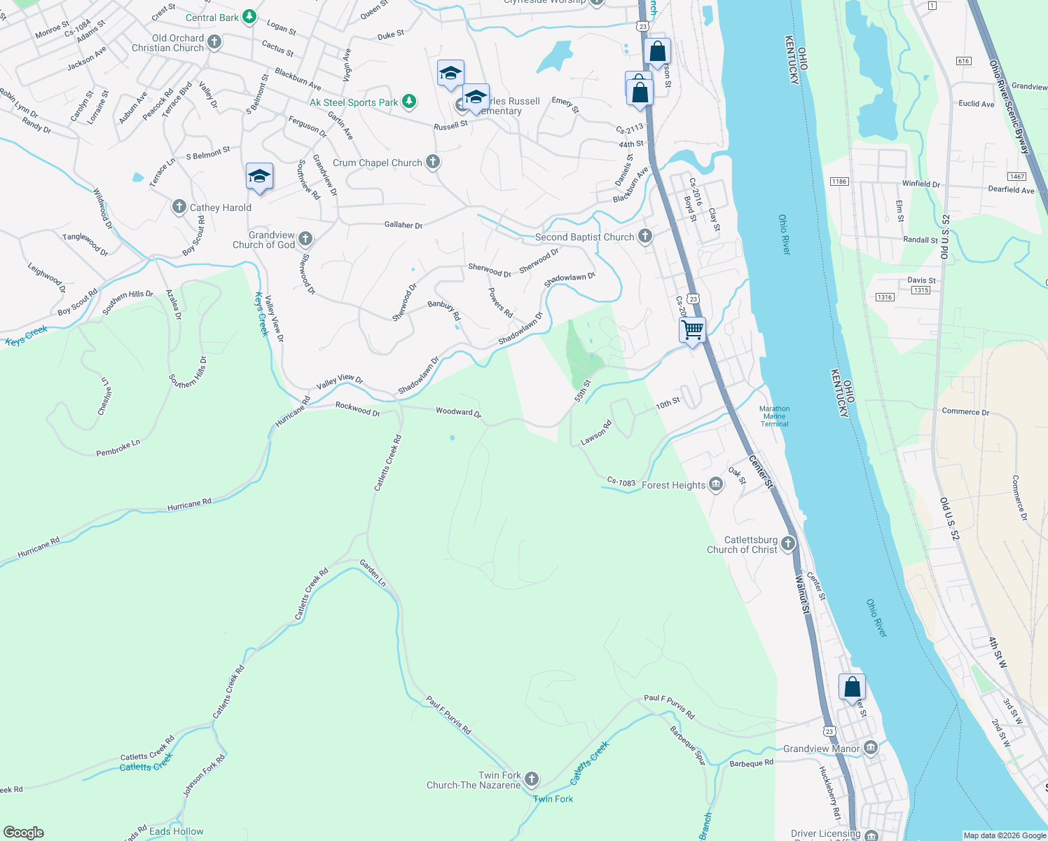 map of restaurants, bars, coffee shops, grocery stores, and more near 5059 55th Street in Catlettsburg