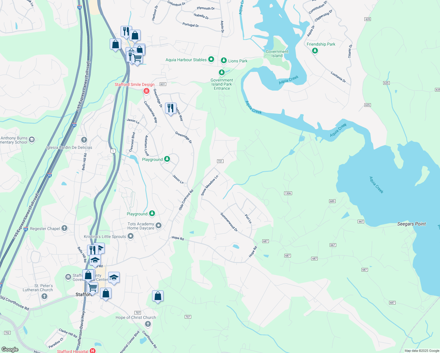 map of restaurants, bars, coffee shops, grocery stores, and more near 7 Cherry Blossom Lane in Stafford