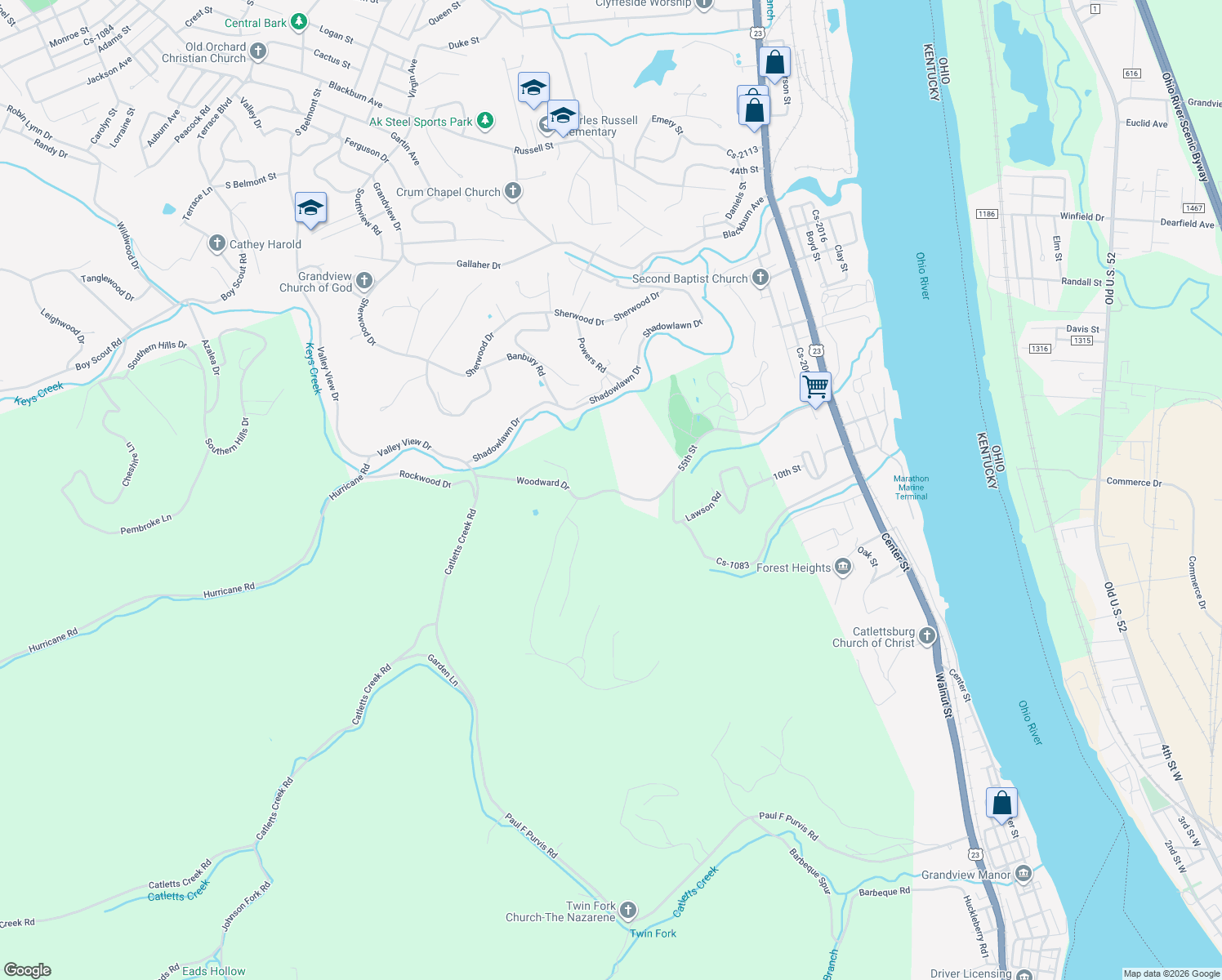 map of restaurants, bars, coffee shops, grocery stores, and more near 5059-6699 55th Street in Catlettsburg
