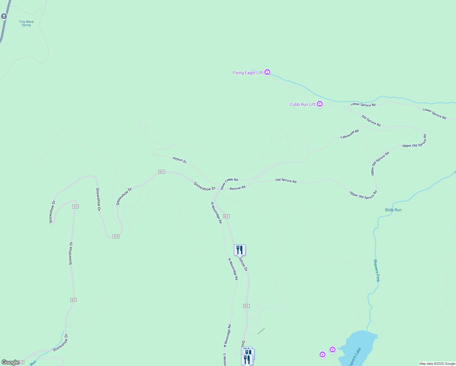 map of restaurants, bars, coffee shops, grocery stores, and more near 52 Silver Creek Road in Snowshoe