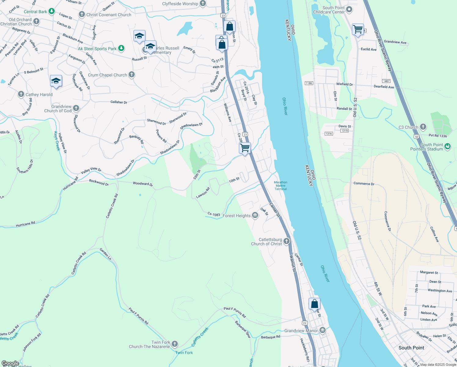 map of restaurants, bars, coffee shops, grocery stores, and more near 526 10th Street in Catlettsburg