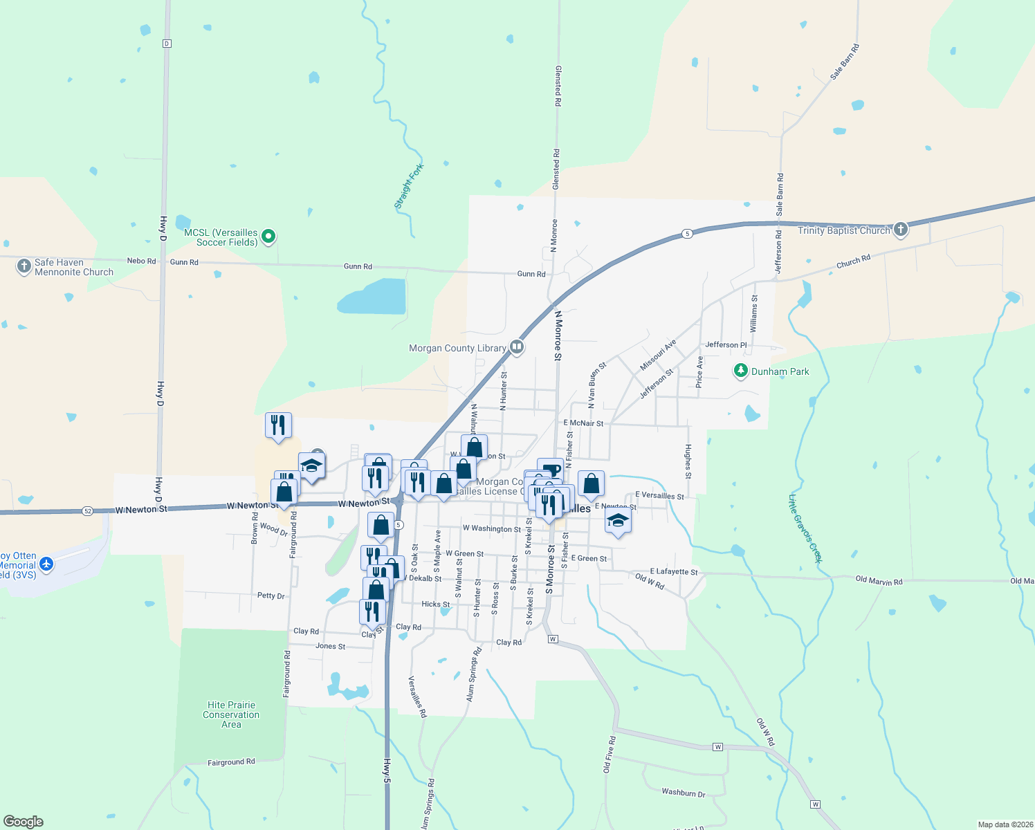 map of restaurants, bars, coffee shops, grocery stores, and more near 302 W Cleveland St in Versailles