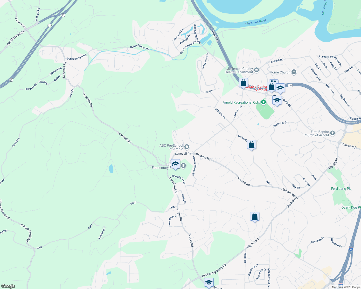 map of restaurants, bars, coffee shops, grocery stores, and more near 2260 Benton Dr in Arnold