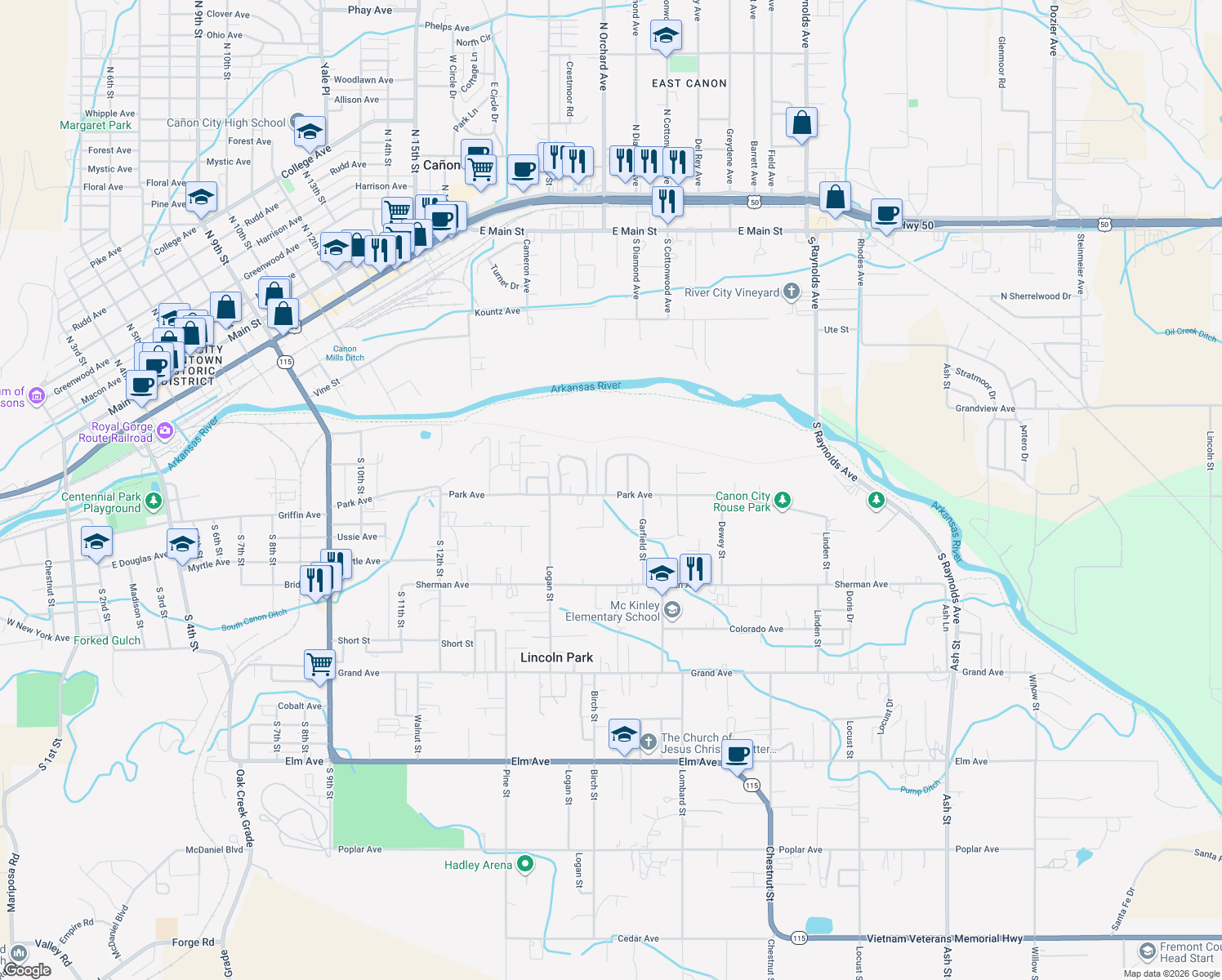 map of restaurants, bars, coffee shops, grocery stores, and more near 683 Ridgewood Rd in Cañon City