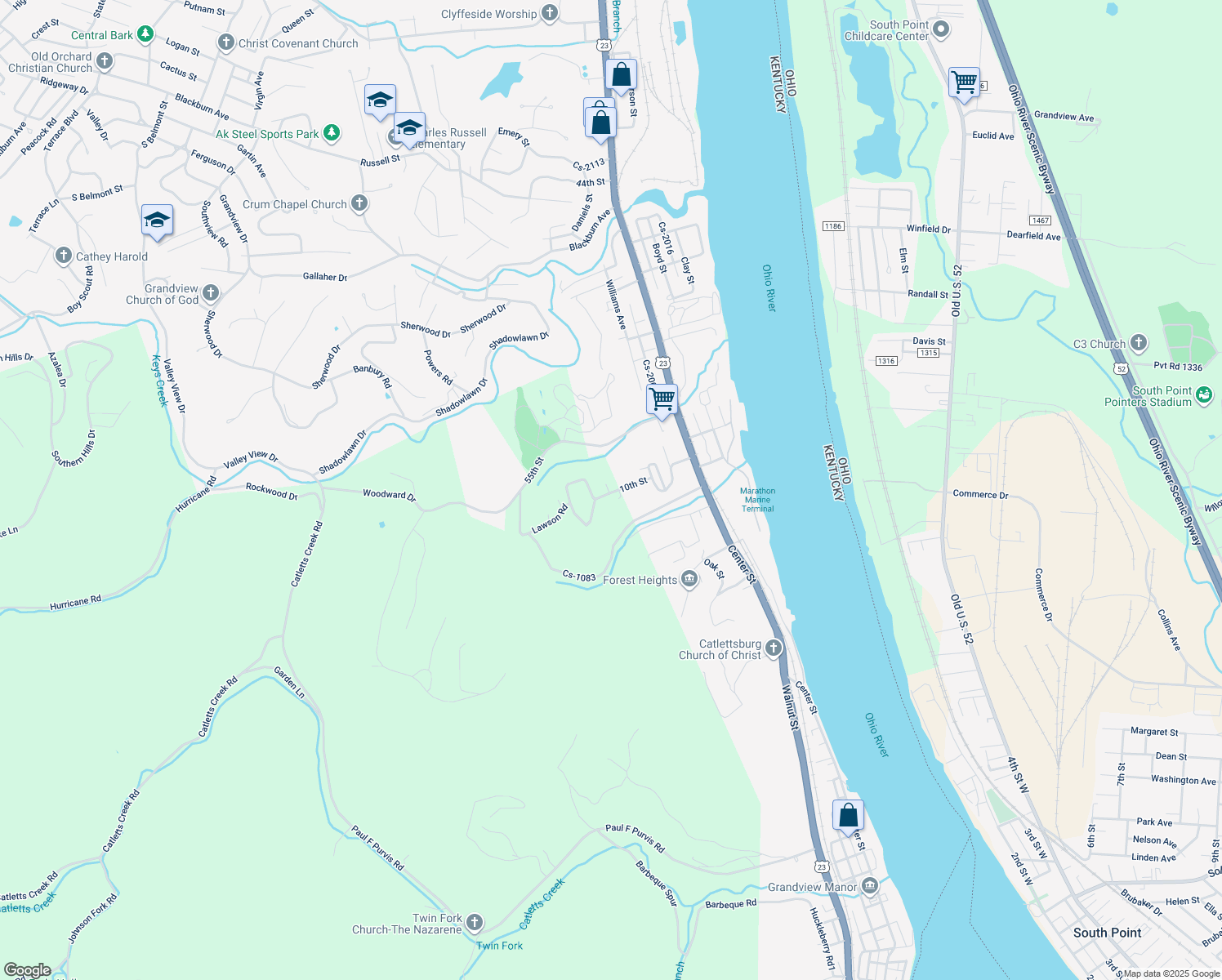 map of restaurants, bars, coffee shops, grocery stores, and more near 526 10th Street in Catlettsburg