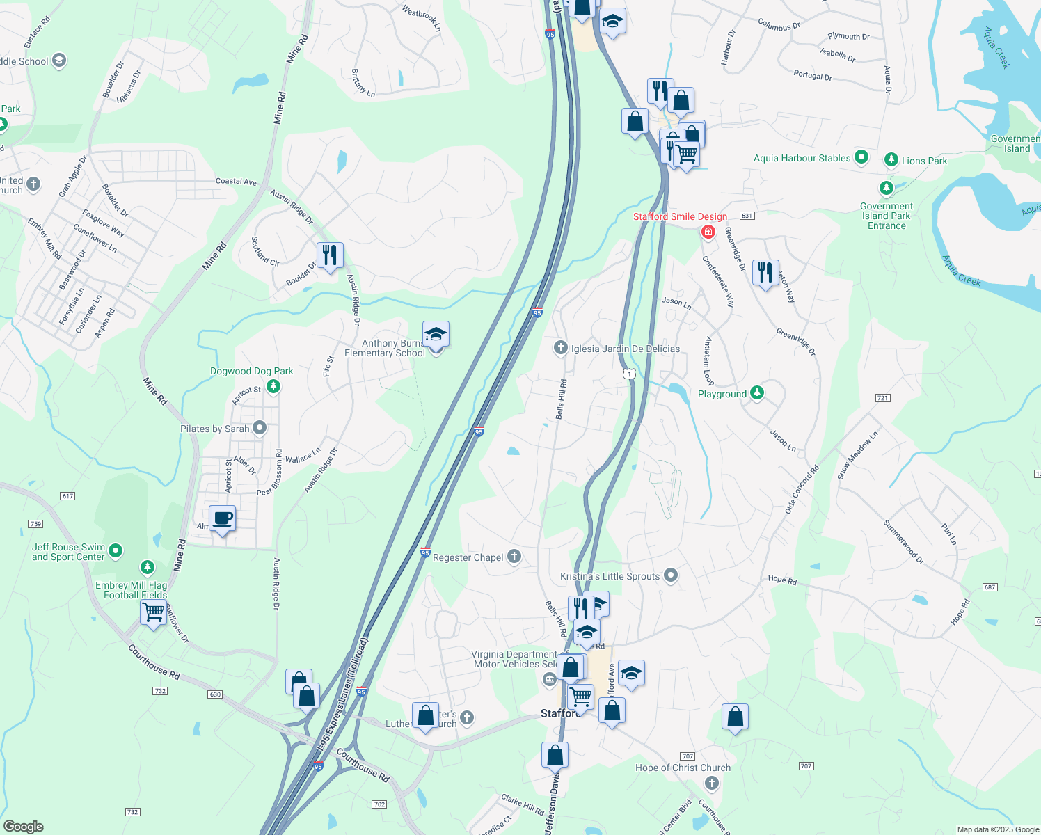 map of restaurants, bars, coffee shops, grocery stores, and more near 707 Galway Lane in Stafford