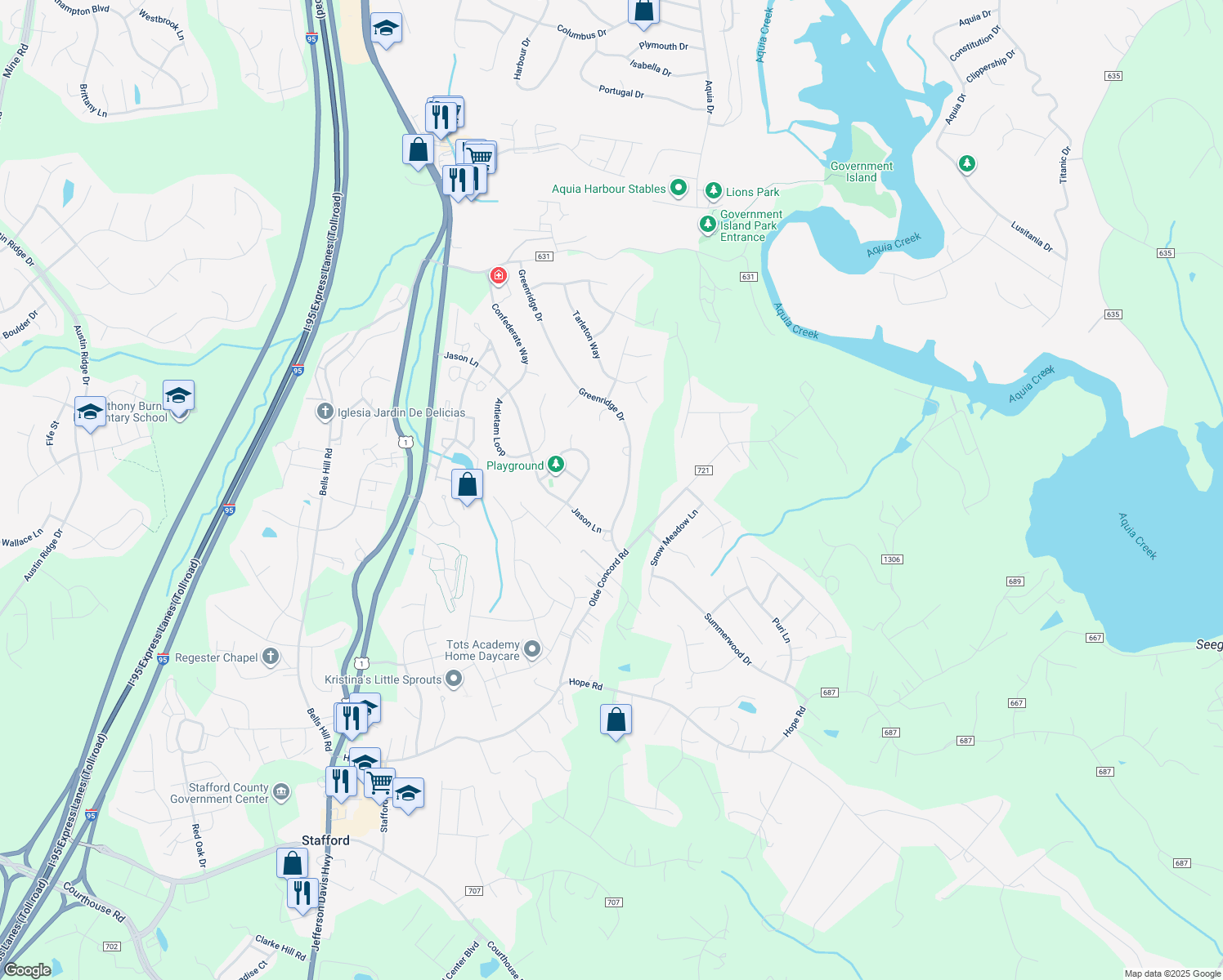 map of restaurants, bars, coffee shops, grocery stores, and more near 14 Greenridge Drive in Stafford