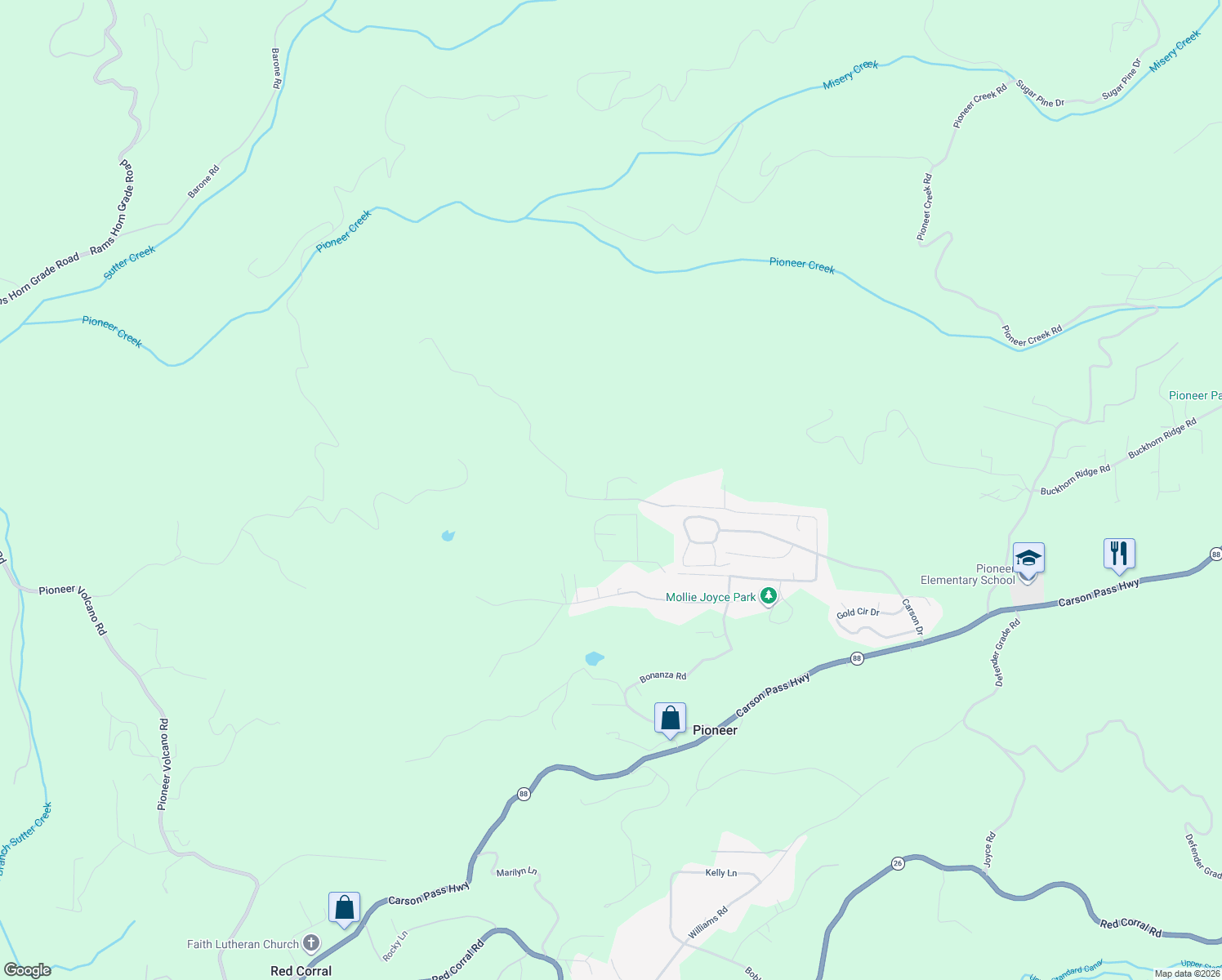 map of restaurants, bars, coffee shops, grocery stores, and more near 23300 Stirnaman Mine Road in Pioneer