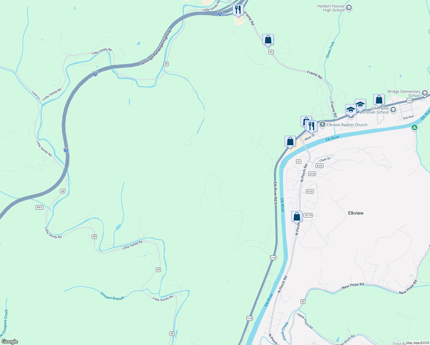 map of restaurants, bars, coffee shops, grocery stores, and more near 178-198 Lee Road in Elkview