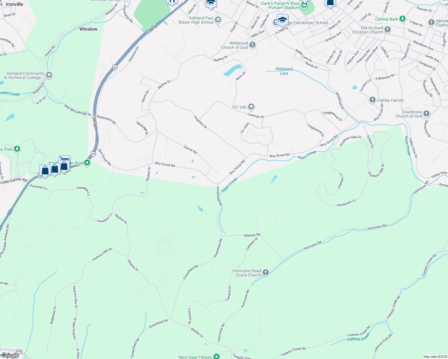 map of restaurants, bars, coffee shops, grocery stores, and more near 3322 Boy Scout Road in Ashland
