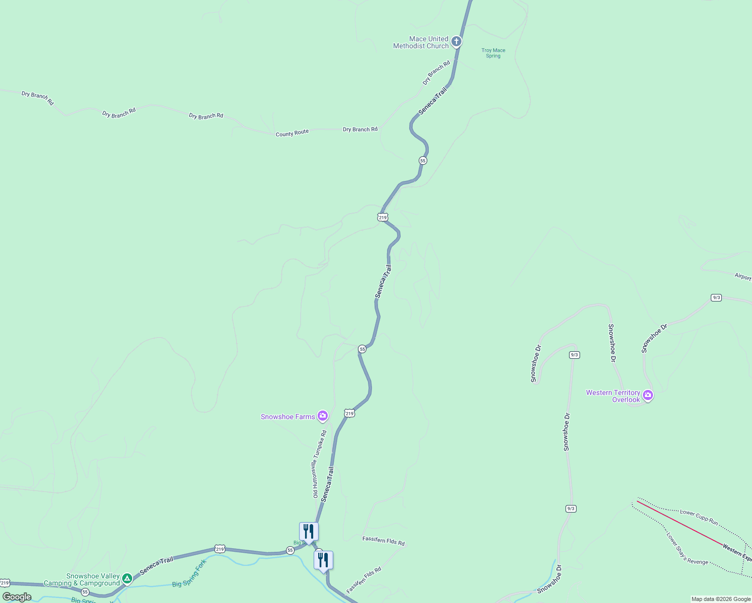 map of restaurants, bars, coffee shops, grocery stores, and more near Seneca Trail in Snowshoe