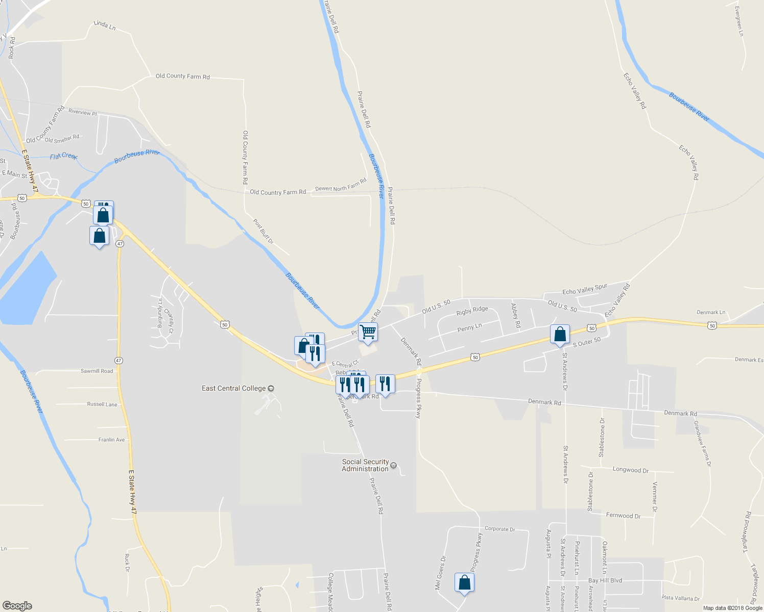 map of restaurants, bars, coffee shops, grocery stores, and more near 2288 Prairie Dell Road in Union