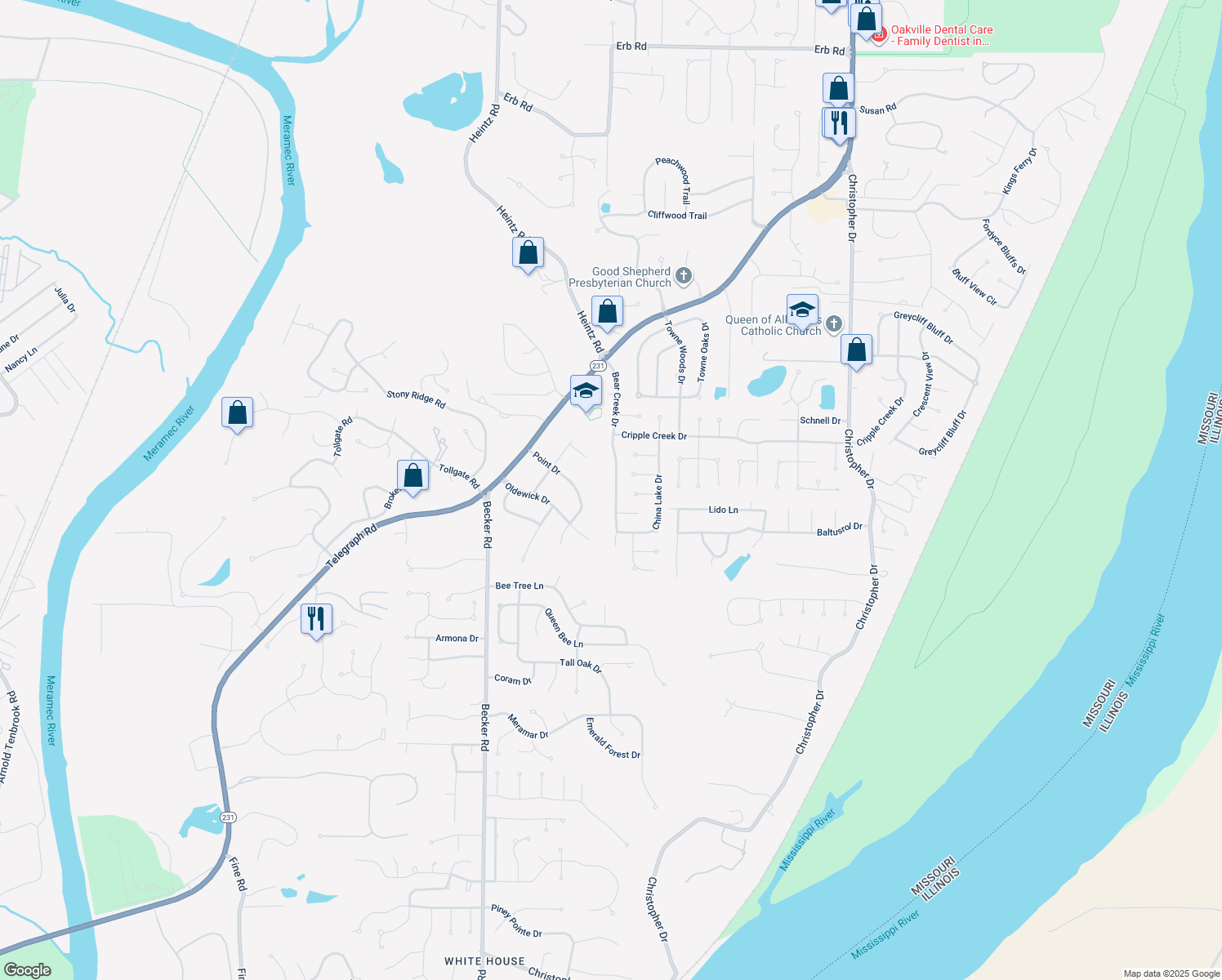 map of restaurants, bars, coffee shops, grocery stores, and more near 6855 Bear Creek Drive in Saint Louis