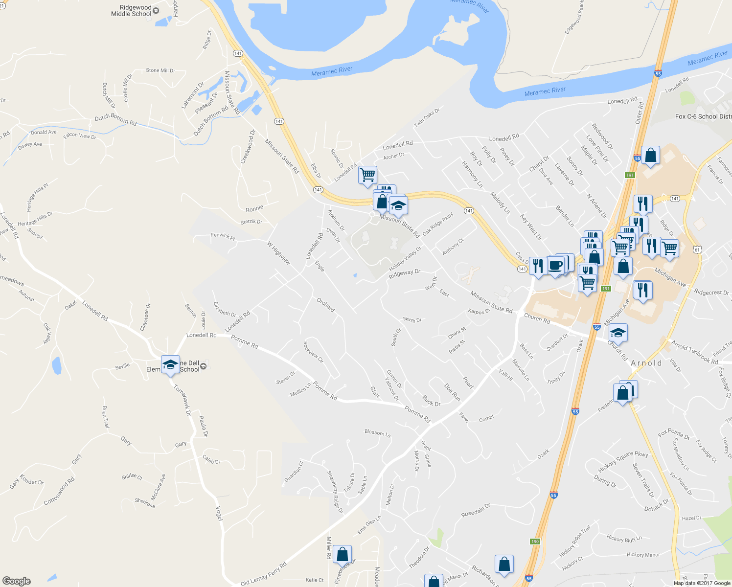 map of restaurants, bars, coffee shops, grocery stores, and more near 1995 Ridgeway Drive in Arnold