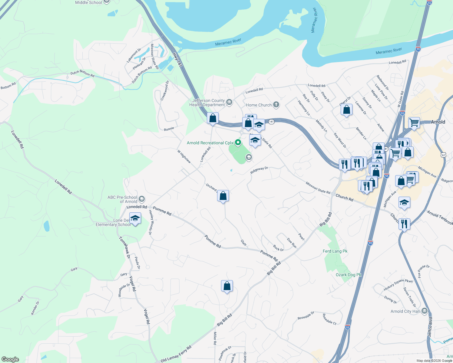 map of restaurants, bars, coffee shops, grocery stores, and more near 1830 Engle in Arnold