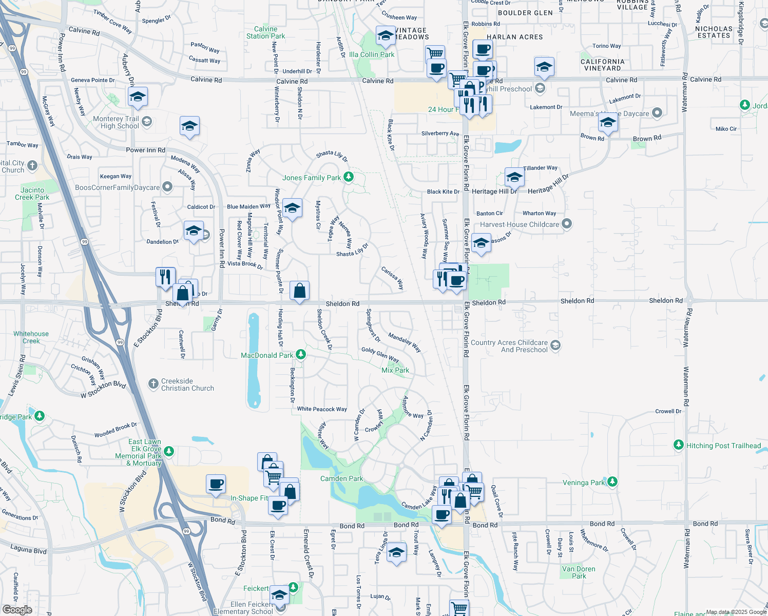 map of restaurants, bars, coffee shops, grocery stores, and more near 8759 Heathermist Way in Elk Grove