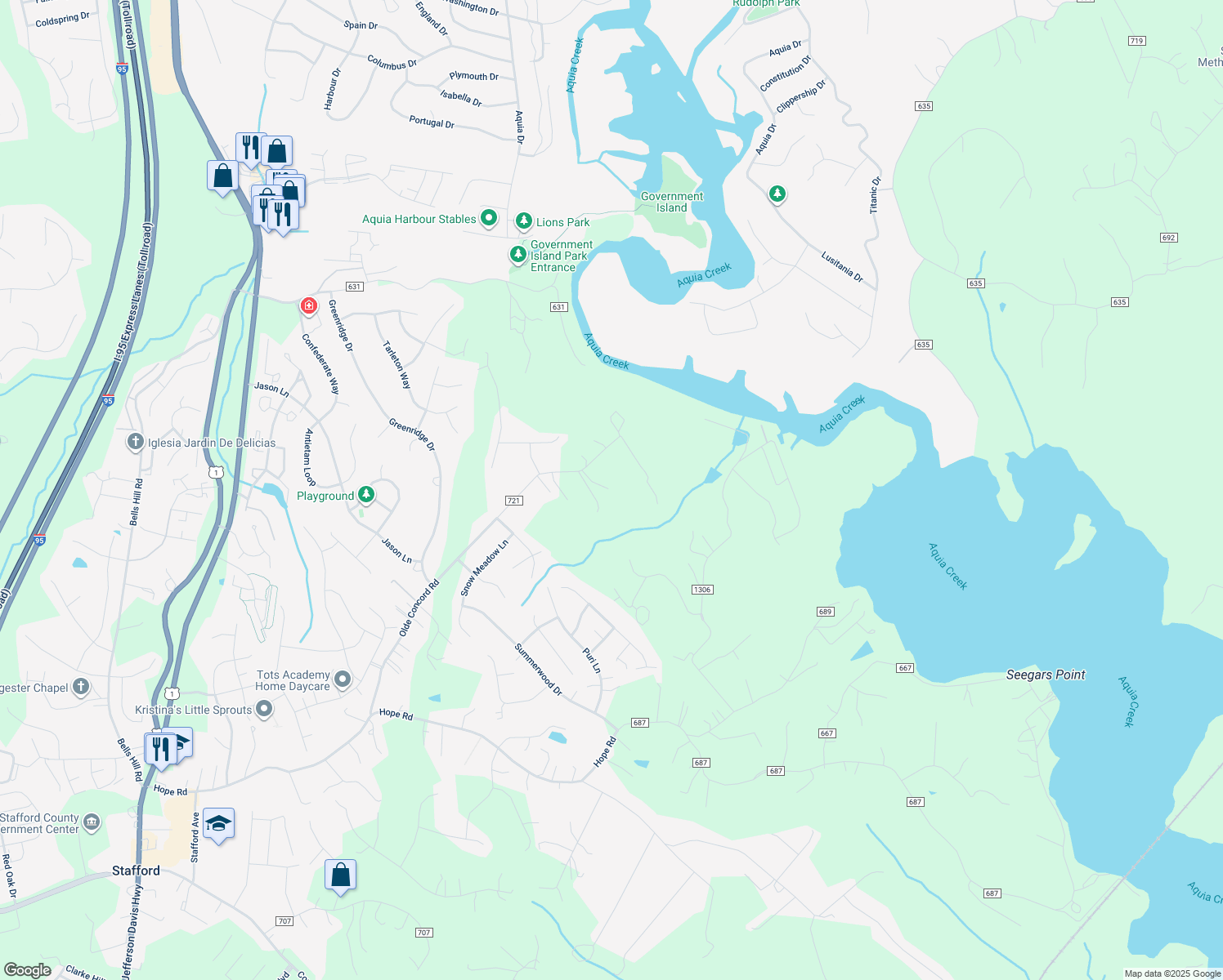 map of restaurants, bars, coffee shops, grocery stores, and more near 270 Olde Concord Road in Stafford