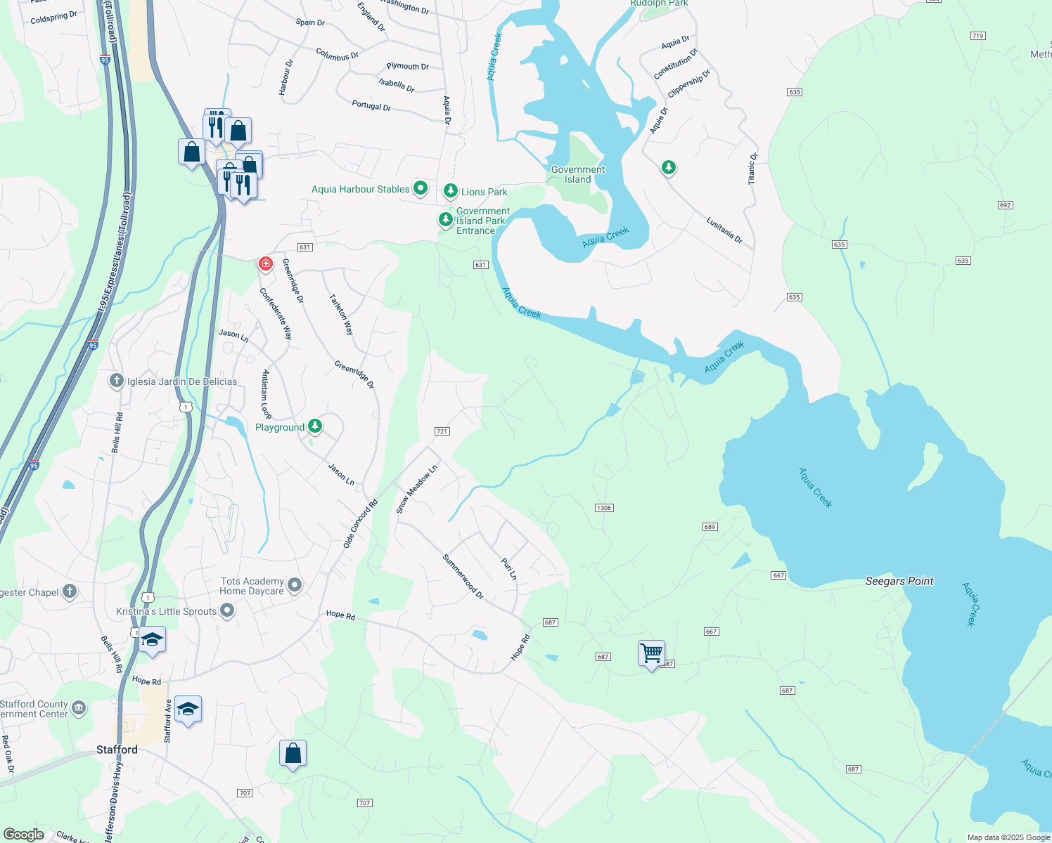 map of restaurants, bars, coffee shops, grocery stores, and more near 270 Olde Concord Road in Stafford