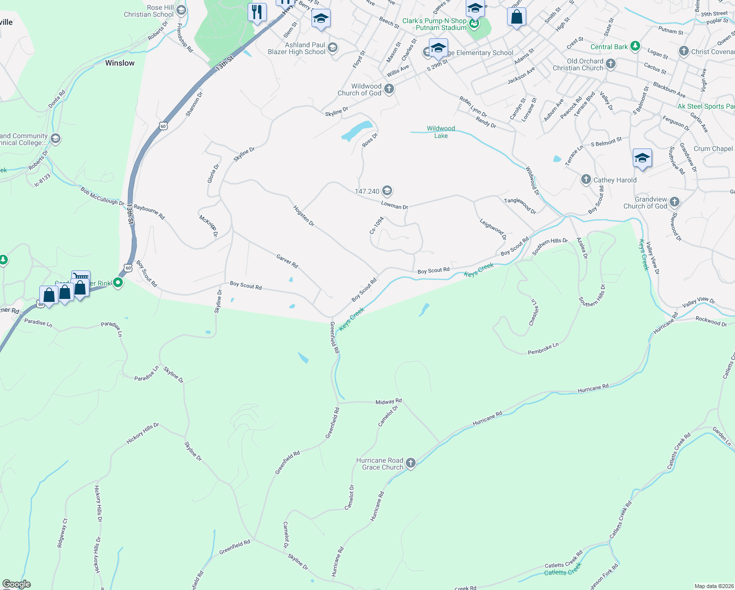 map of restaurants, bars, coffee shops, grocery stores, and more near 3322-3374 Boy Scout Road in Ashland
