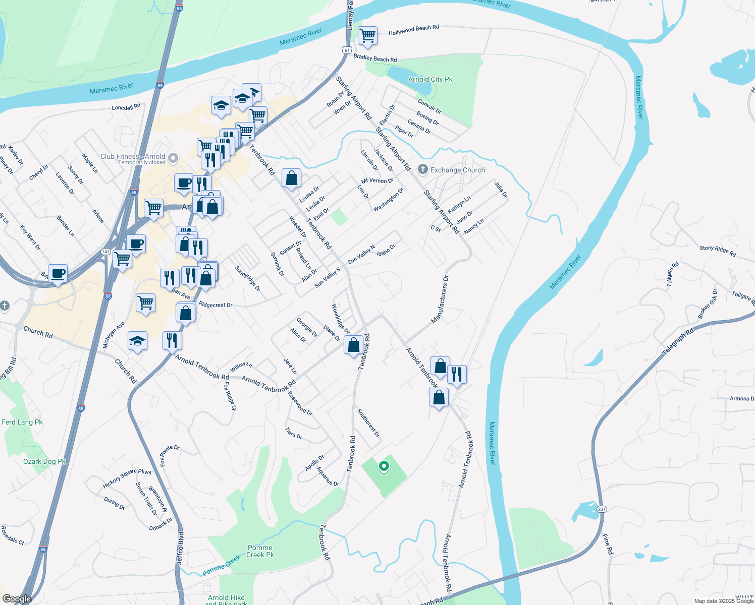 map of restaurants, bars, coffee shops, grocery stores, and more near 671 Berrywine Lane in Arnold