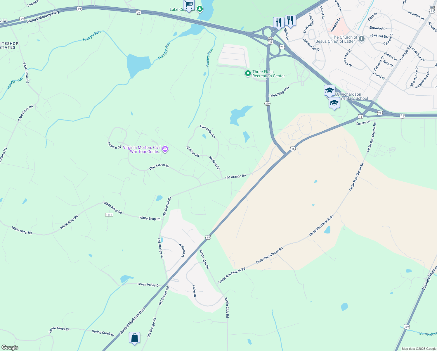 map of restaurants, bars, coffee shops, grocery stores, and more near 19266 Stallion Rd in Culpeper