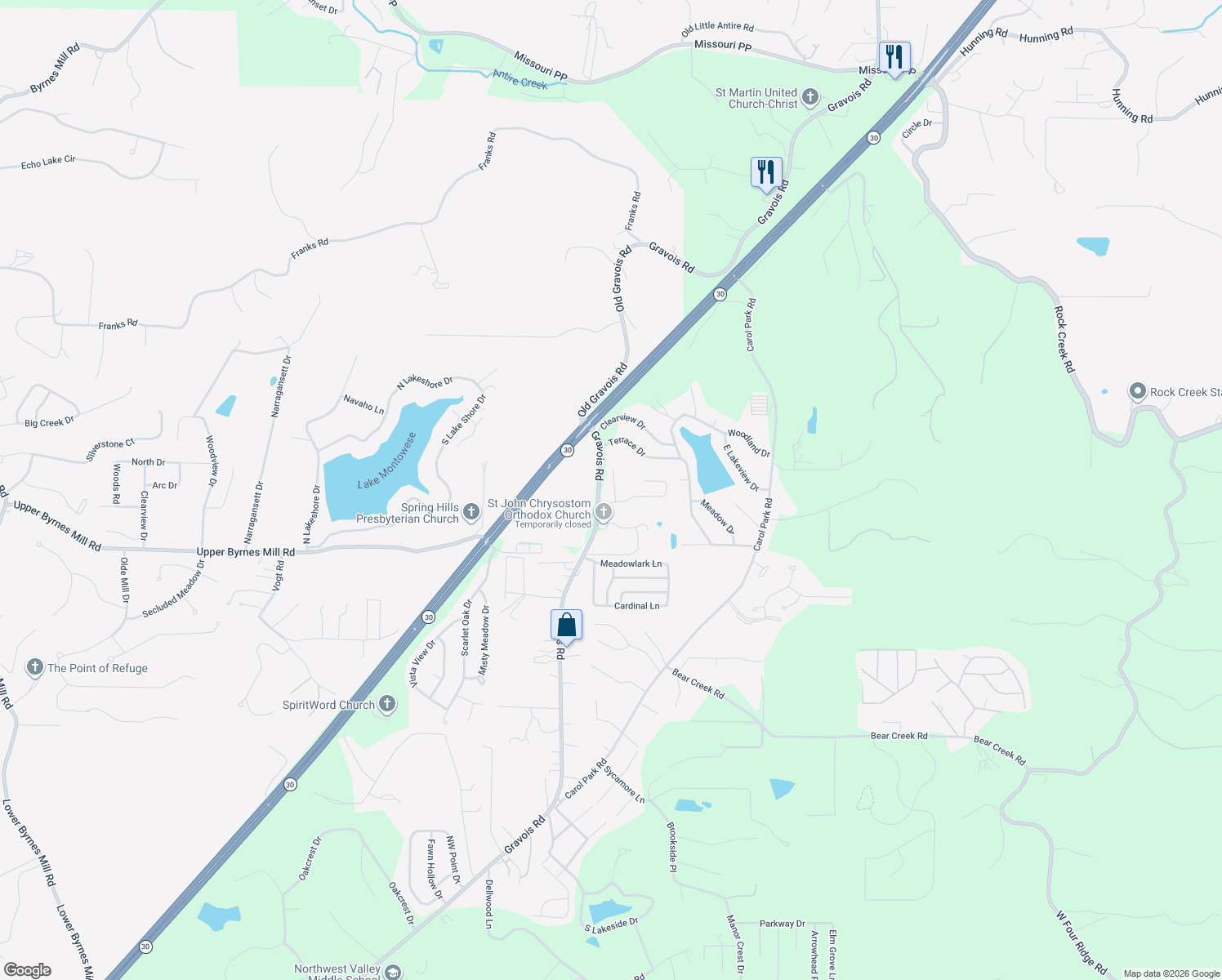 map of restaurants, bars, coffee shops, grocery stores, and more near 3707 Leona Lane in House Springs