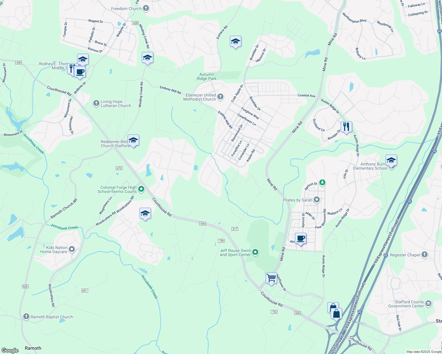 map of restaurants, bars, coffee shops, grocery stores, and more near 425 Daylily Lane in Stafford