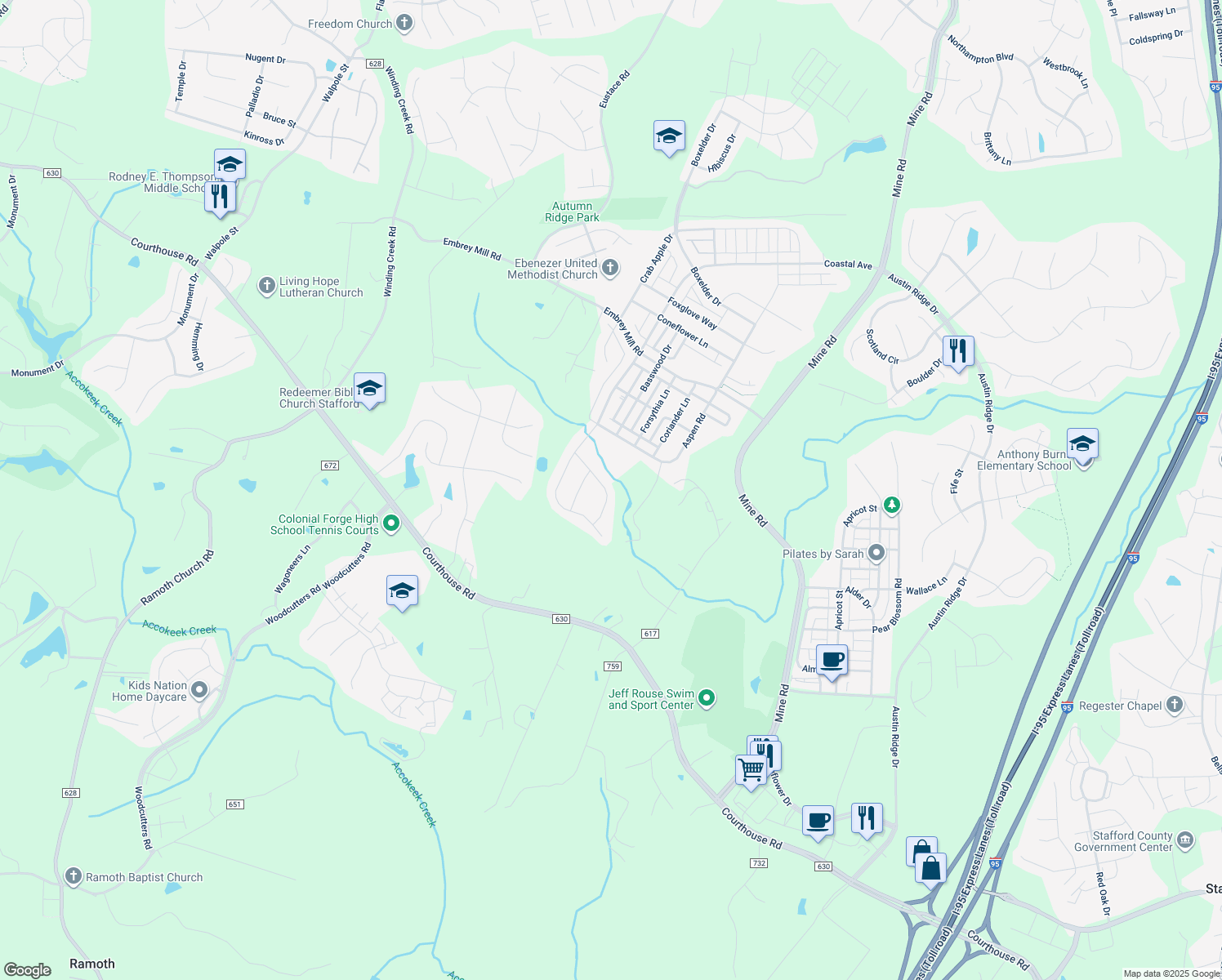 map of restaurants, bars, coffee shops, grocery stores, and more near 425 Daylily Lane in Stafford