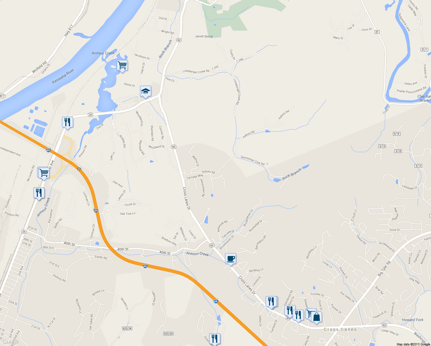 map of restaurants, bars, coffee shops, grocery stores, and more near 293 Asbury Rd in Nitro