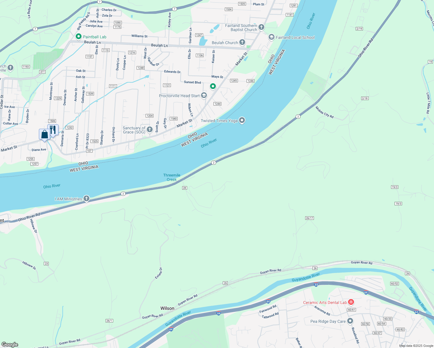 map of restaurants, bars, coffee shops, grocery stores, and more near 5361 Ohio River Road in Huntington