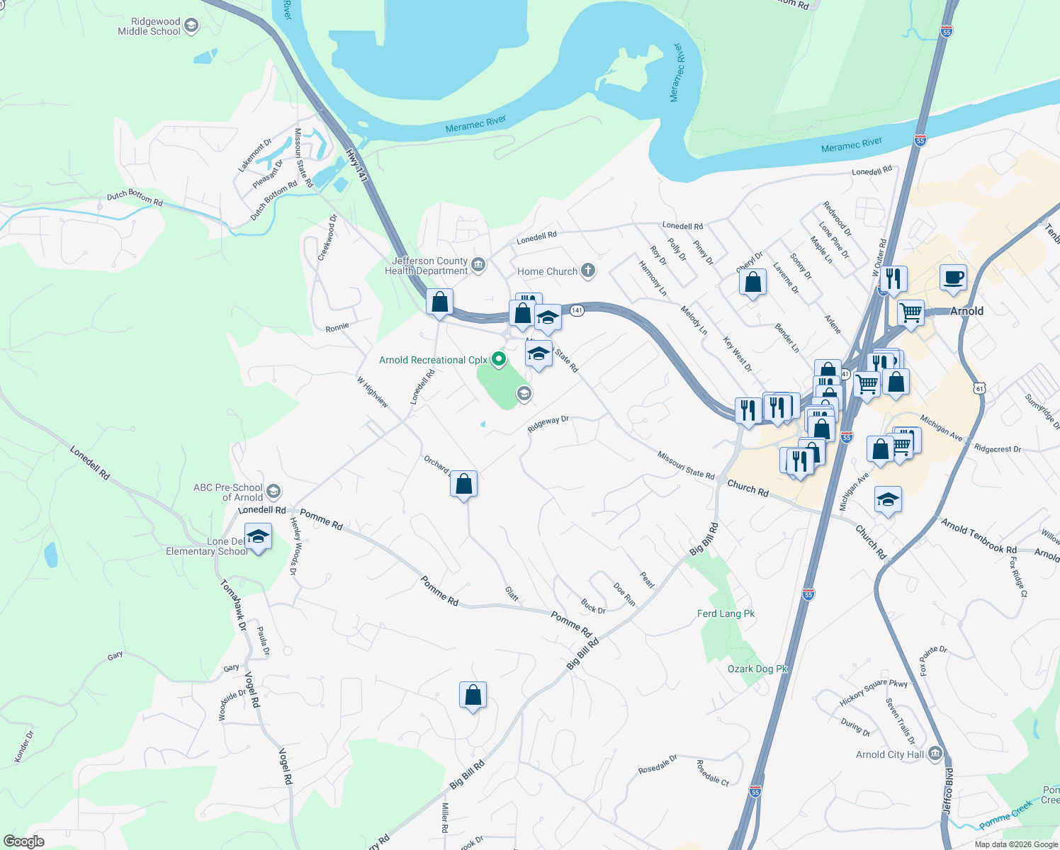 map of restaurants, bars, coffee shops, grocery stores, and more near 1917 Ridgeway Drive in Arnold