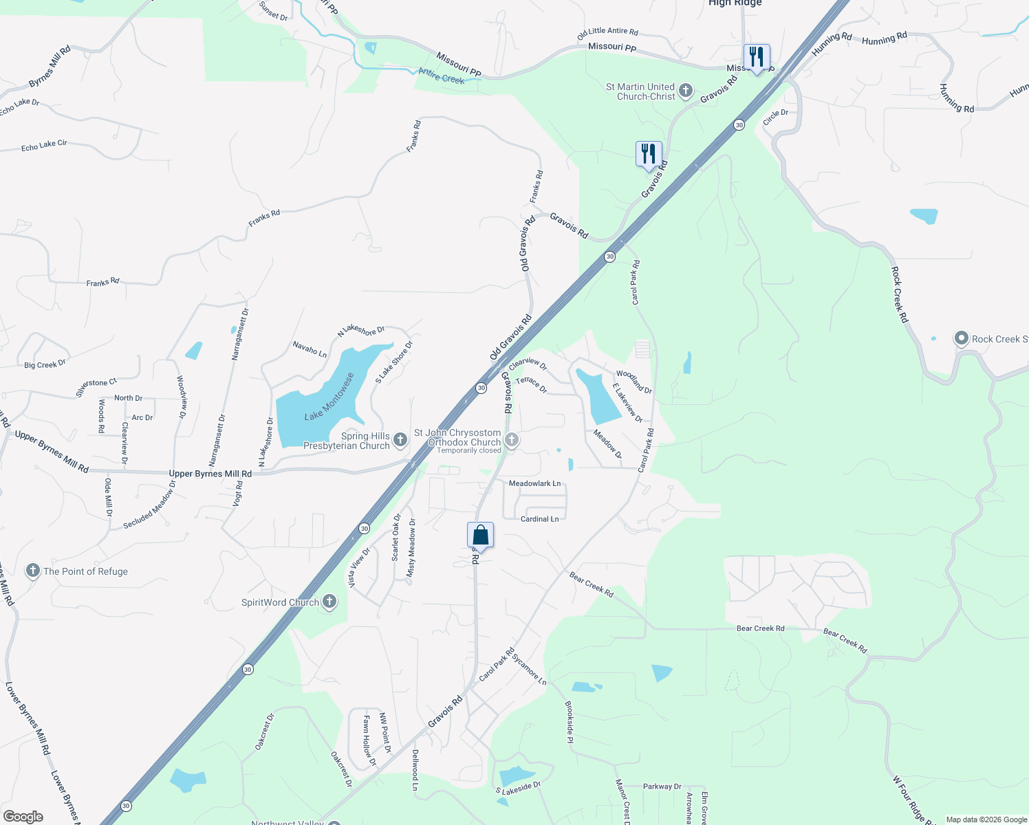 map of restaurants, bars, coffee shops, grocery stores, and more near 3707 Leona Ln in House Springs