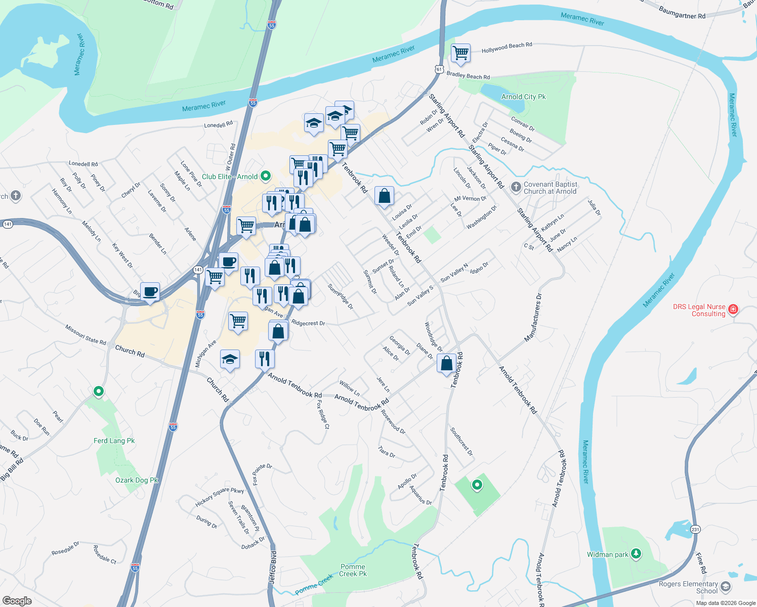 map of restaurants, bars, coffee shops, grocery stores, and more near 2367 Summit Drive in Arnold