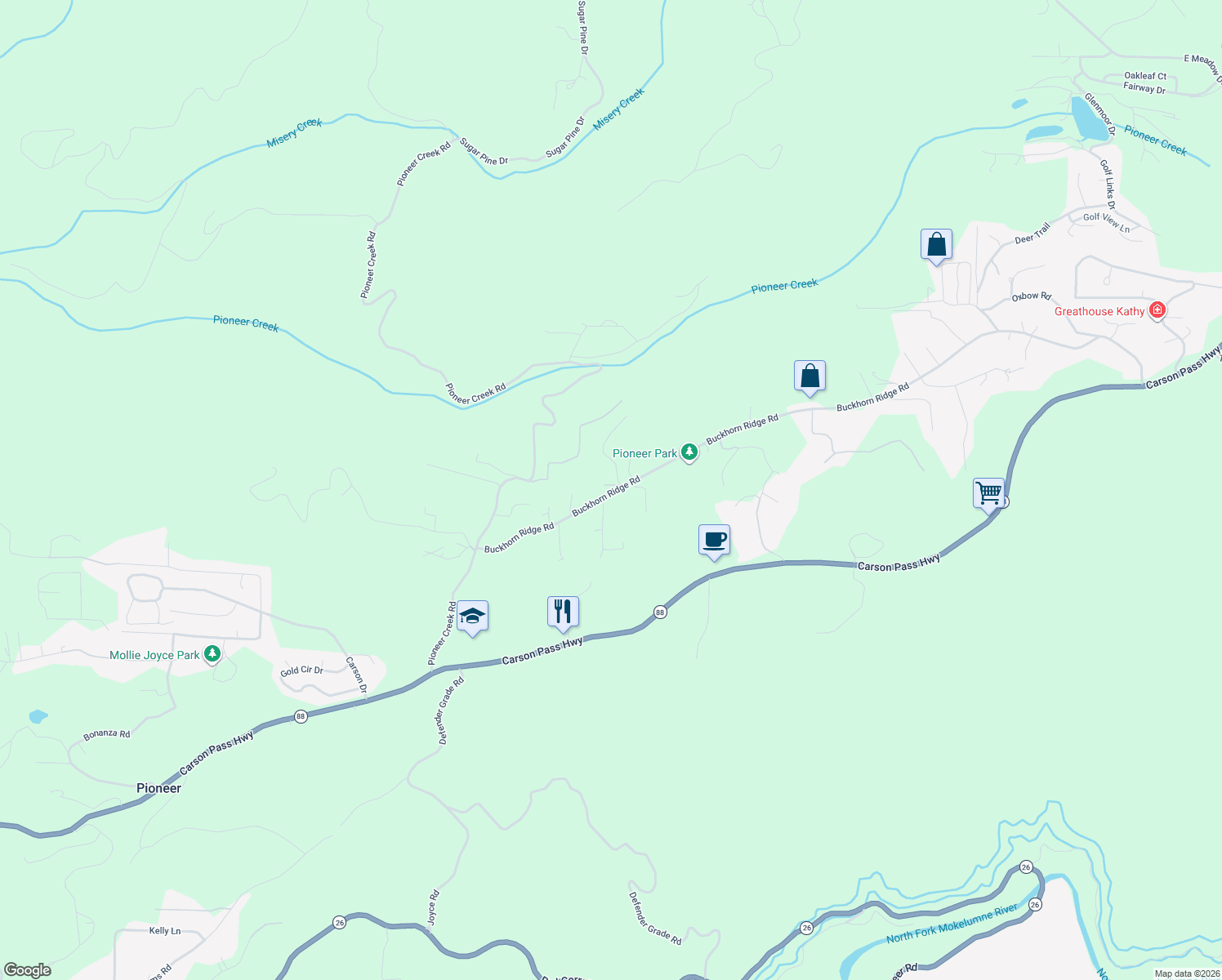 map of restaurants, bars, coffee shops, grocery stores, and more near 25021 Buckhorn Ridge Road in Pioneer