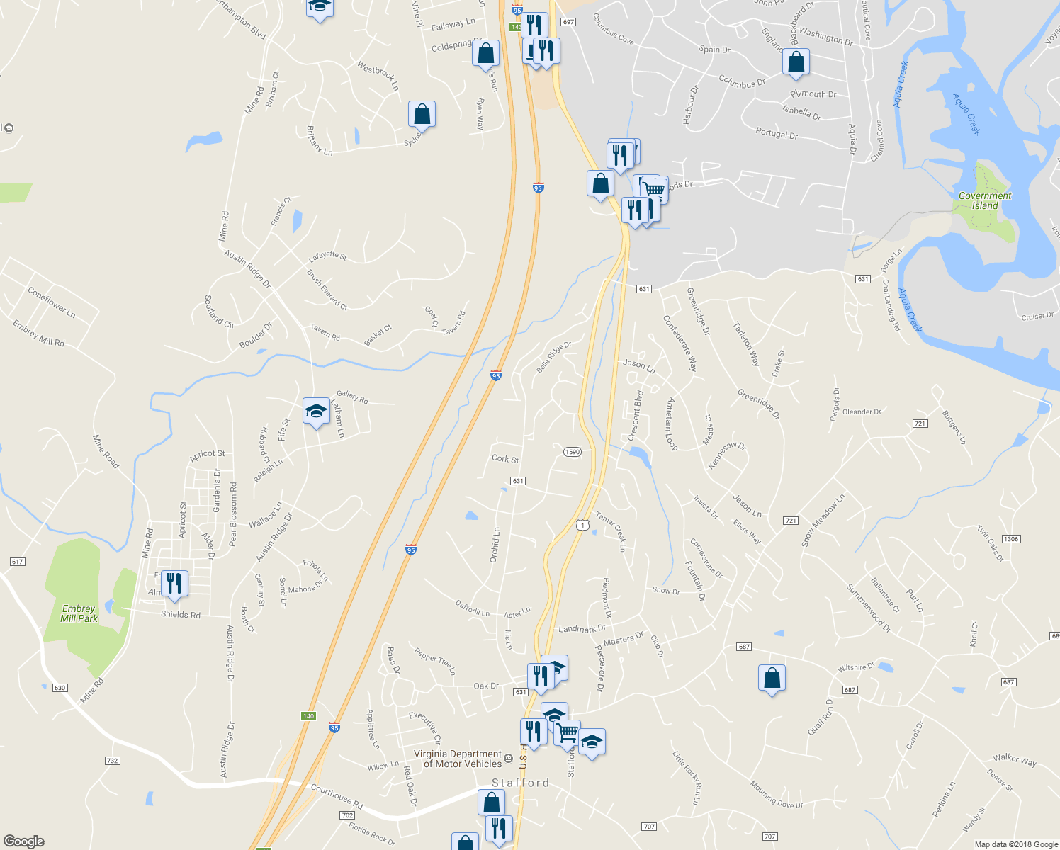 map of restaurants, bars, coffee shops, grocery stores, and more near 404 Fair Oaks Avenue in Stafford