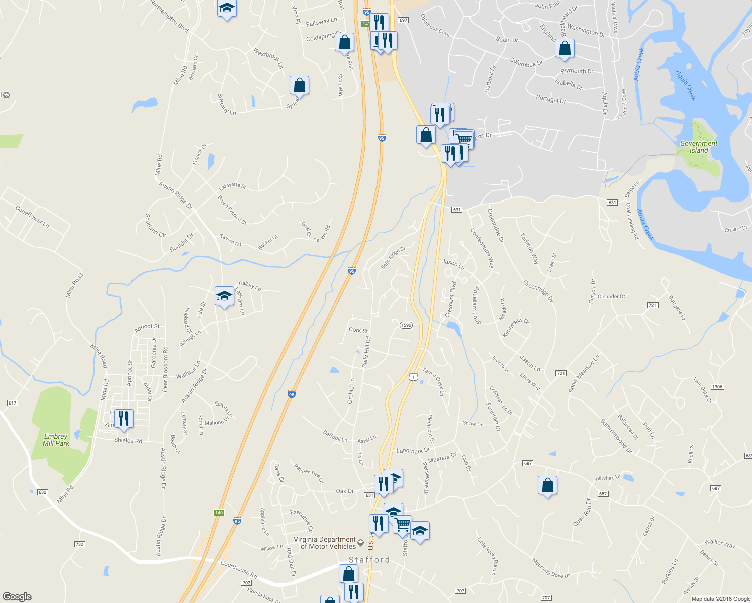 map of restaurants, bars, coffee shops, grocery stores, and more near 310 Fair Oaks Avenue in Stafford