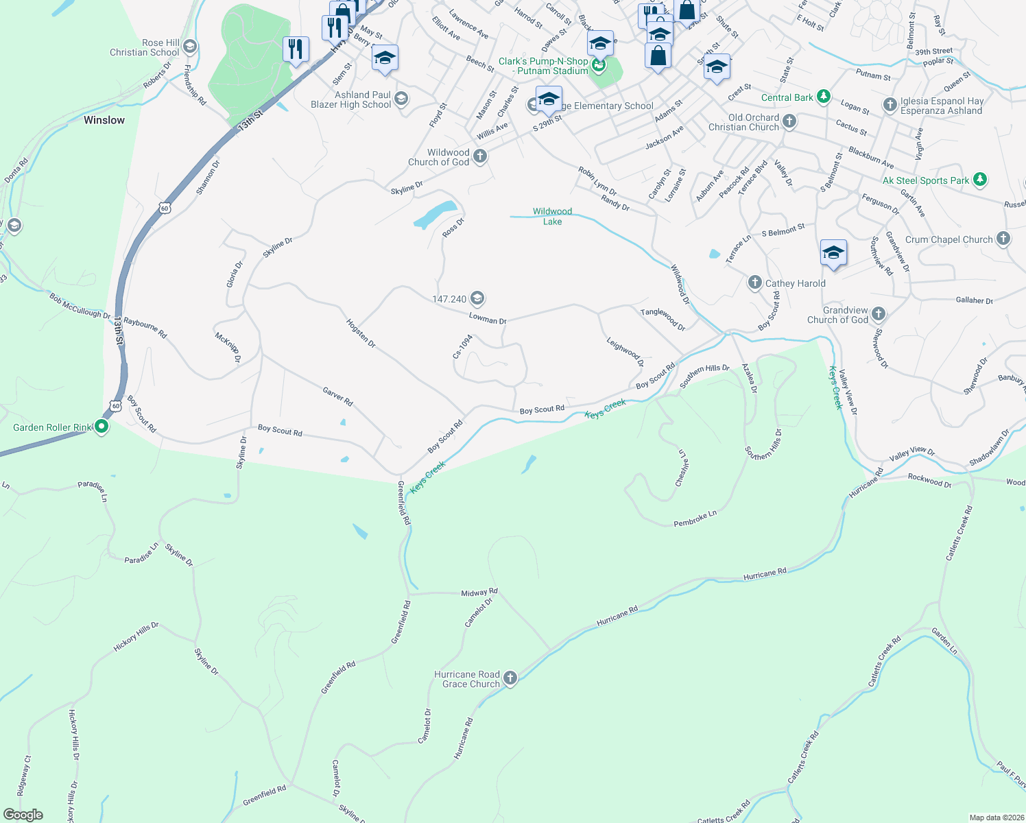map of restaurants, bars, coffee shops, grocery stores, and more near 3901 Woodbrook Drive in Ashland