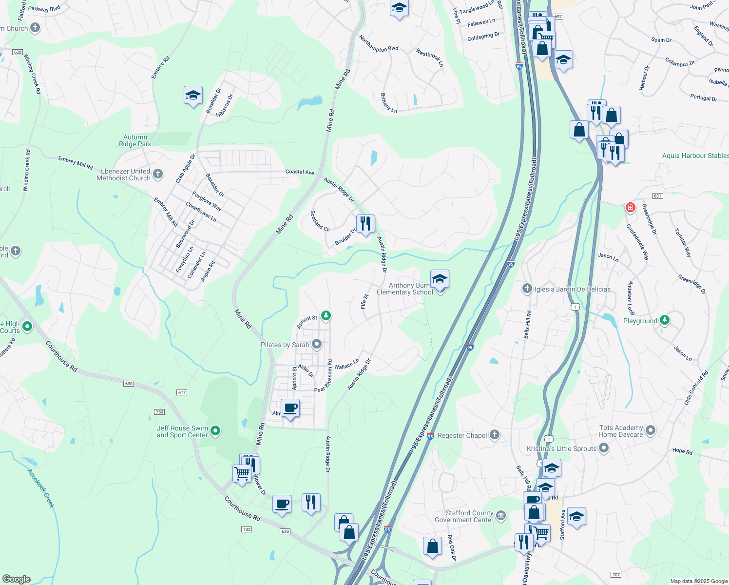 map of restaurants, bars, coffee shops, grocery stores, and more near 25 Fife Street in Stafford