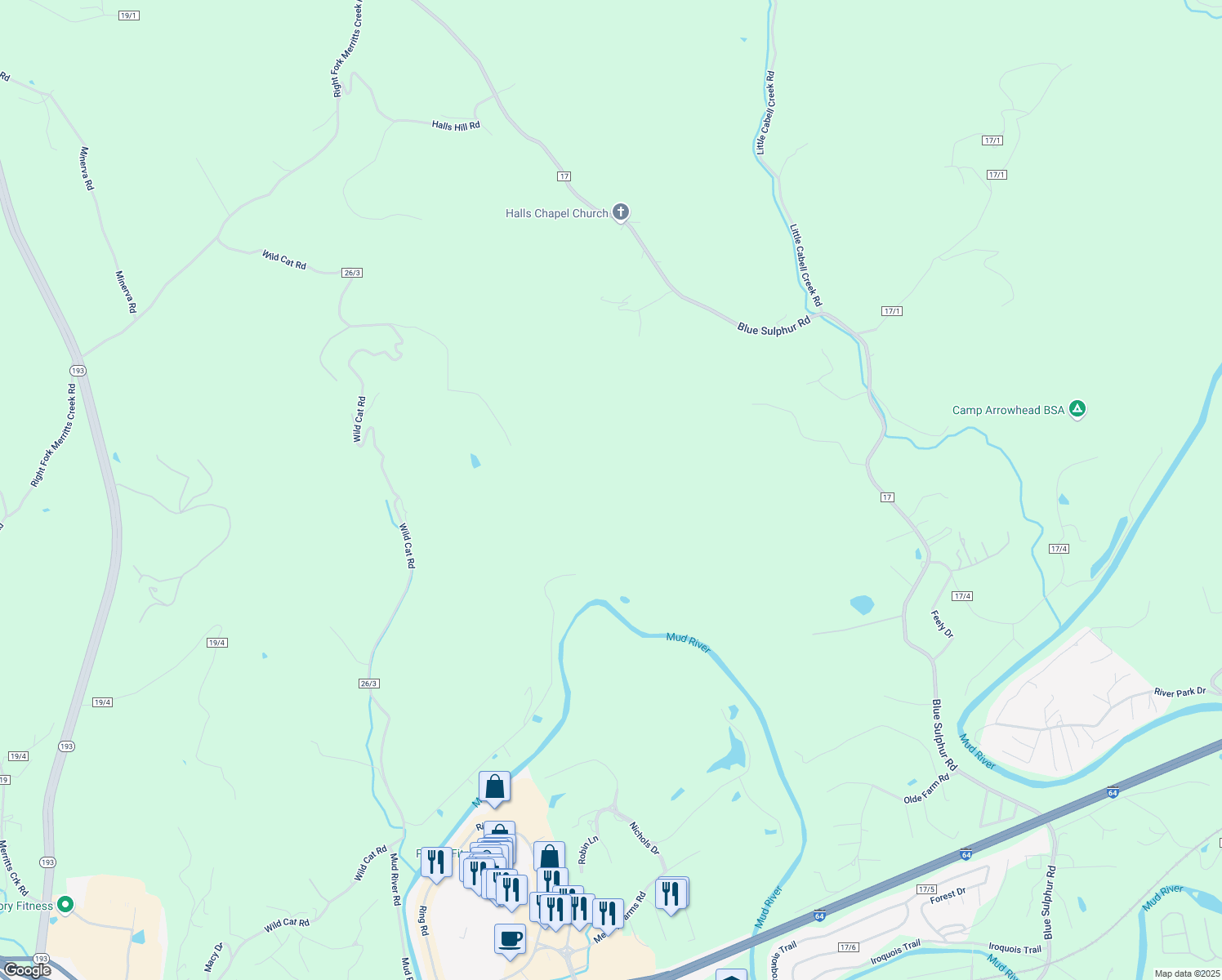 map of restaurants, bars, coffee shops, grocery stores, and more near 7103 Mud River Road in Barboursville
