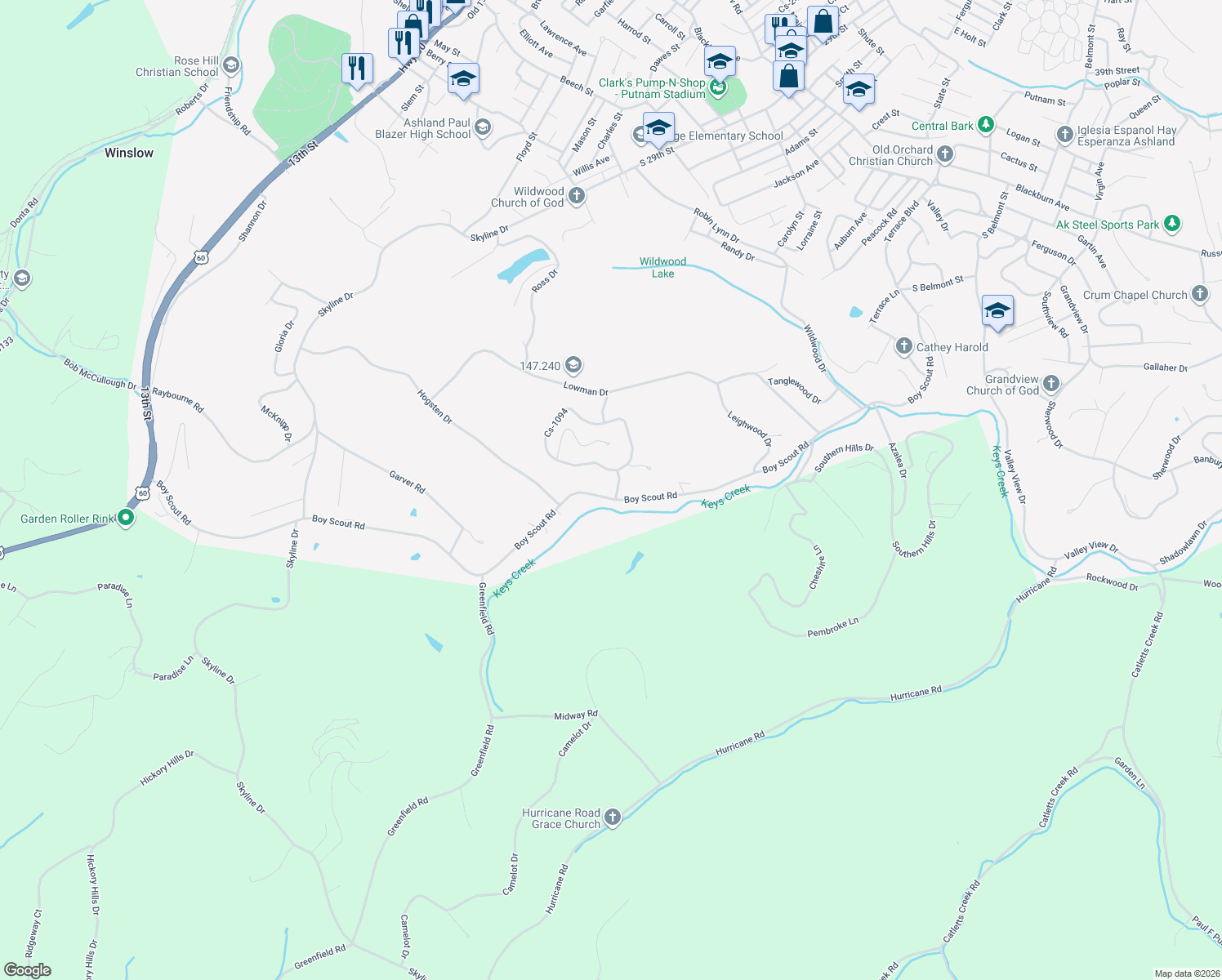 map of restaurants, bars, coffee shops, grocery stores, and more near 3901-3999 Woodbrook Dr in Ashland
