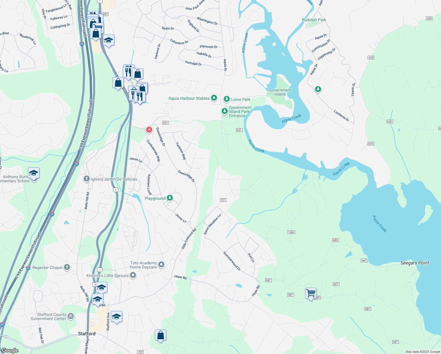 map of restaurants, bars, coffee shops, grocery stores, and more near 3 Oleander Dr in Stafford