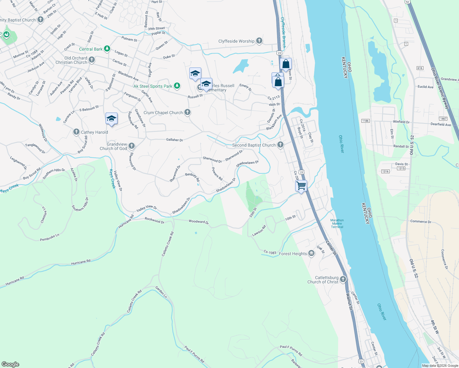 map of restaurants, bars, coffee shops, grocery stores, and more near 3001 Shadowlawn Drive in Ashland