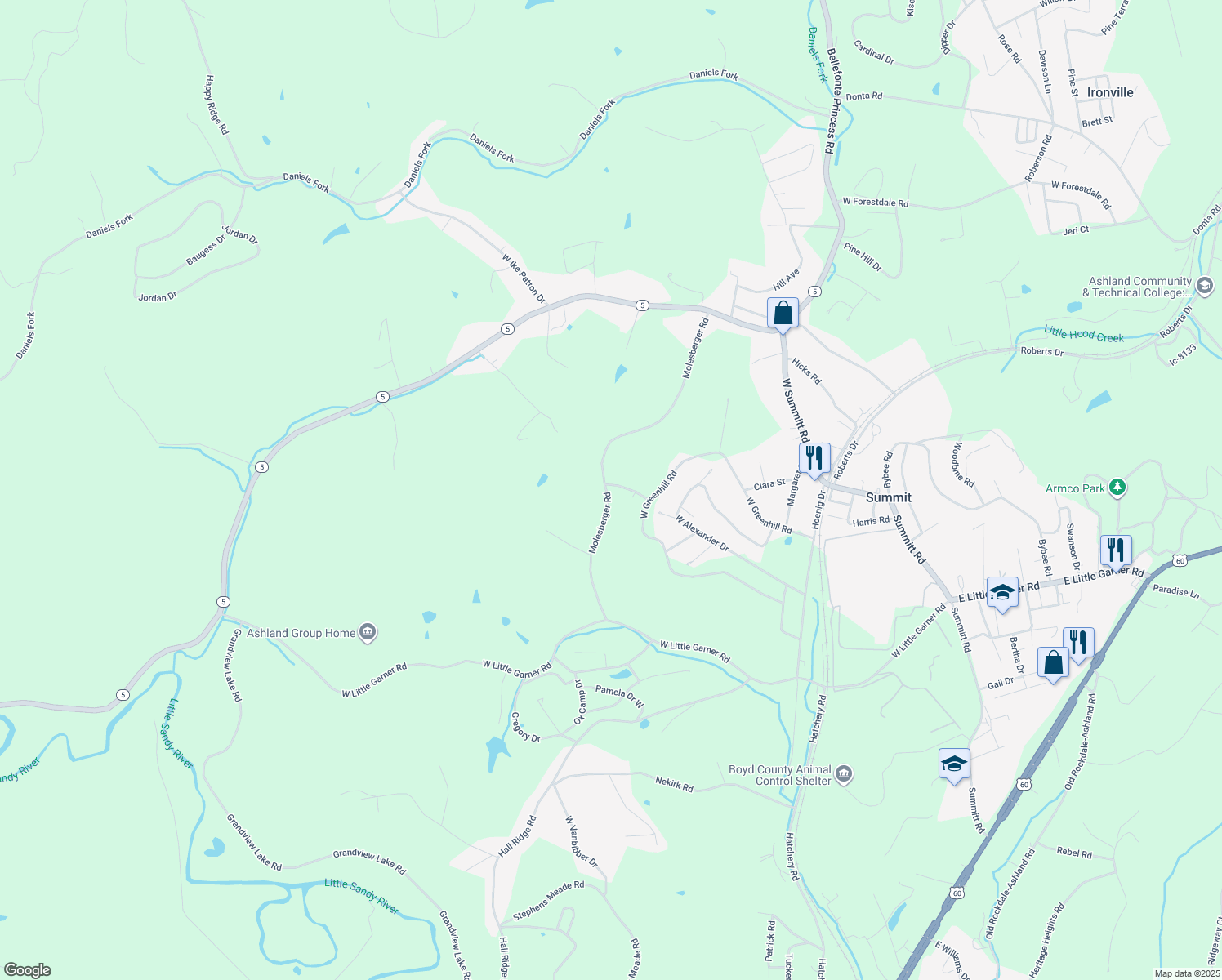 map of restaurants, bars, coffee shops, grocery stores, and more near 5700-6244 Molesberger Road in Ashland