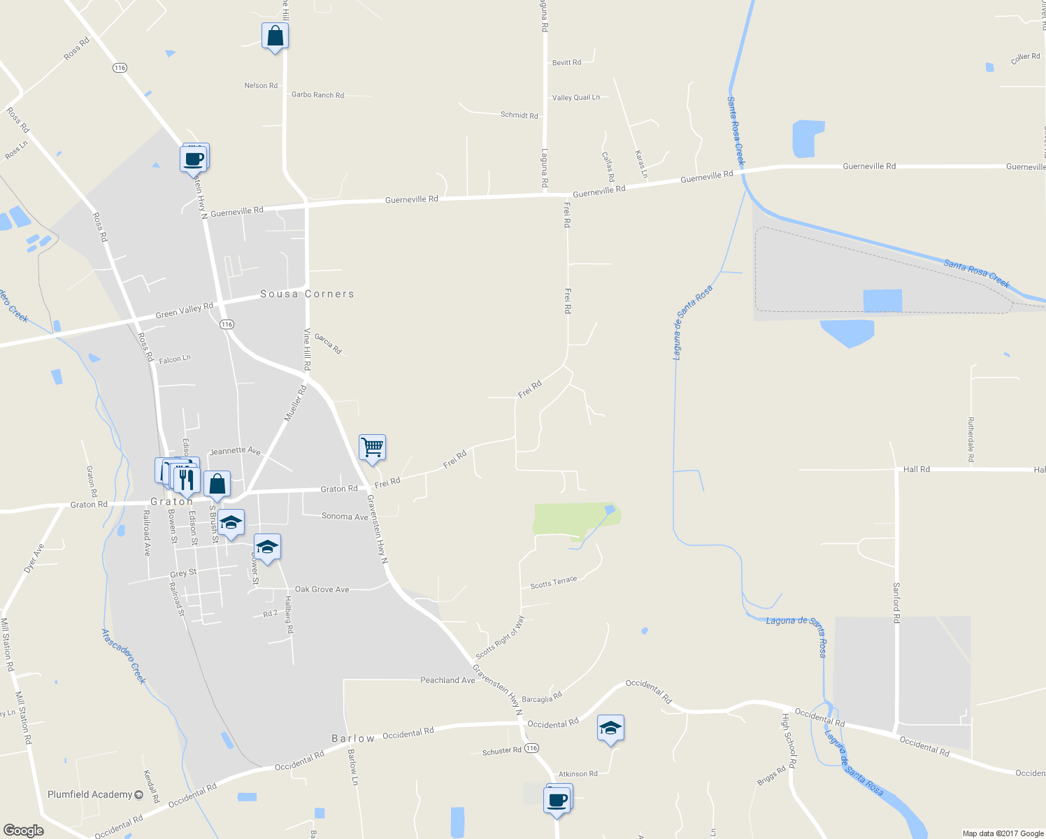 map of restaurants, bars, coffee shops, grocery stores, and more near 3695 Frei Road in Sebastopol