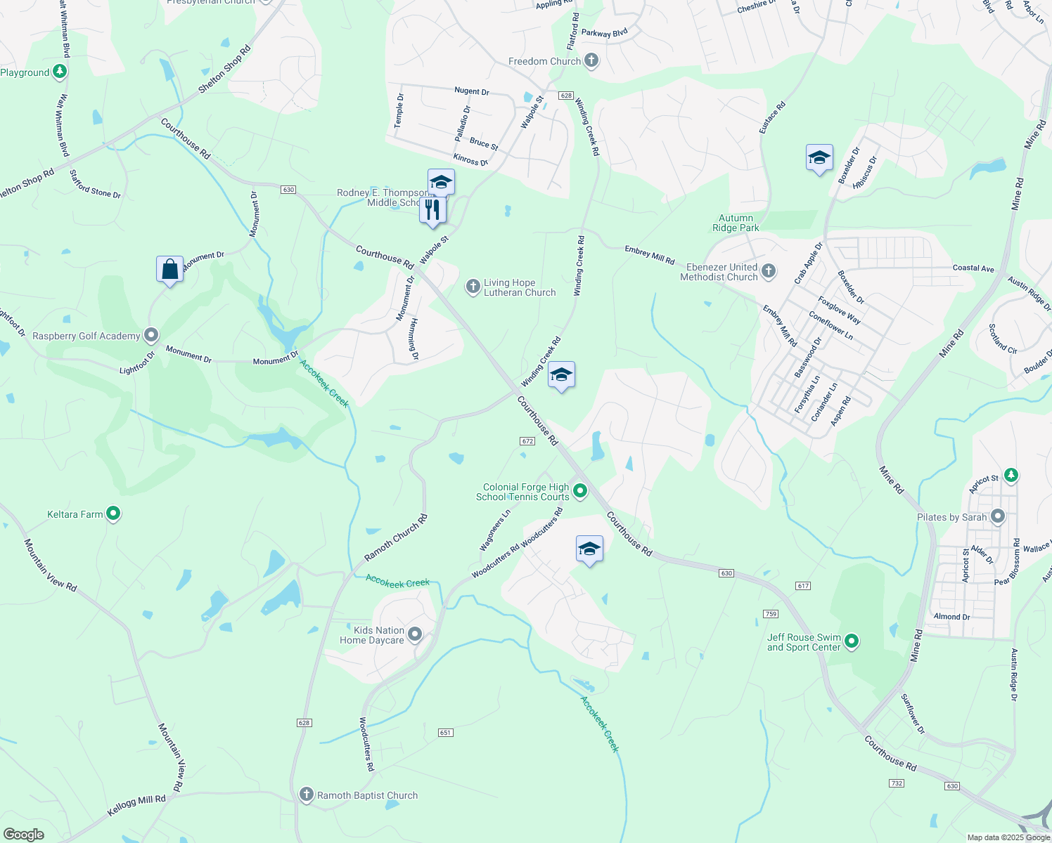 map of restaurants, bars, coffee shops, grocery stores, and more near 440 Courthouse Road in Stafford